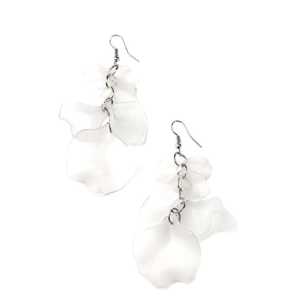 White Acrylic Floating Petals Dangle Drop Fish Hook Style Earrings Silver Tone